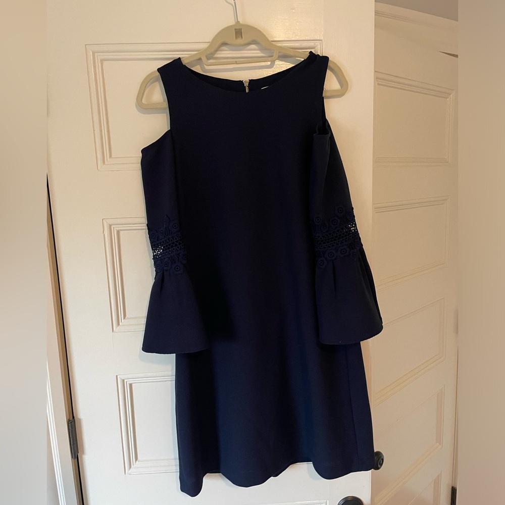 Navy Eliza J Dress with Exposed Shoulder, Bell Sleeves and Lace Detail - Picture 3 of 4